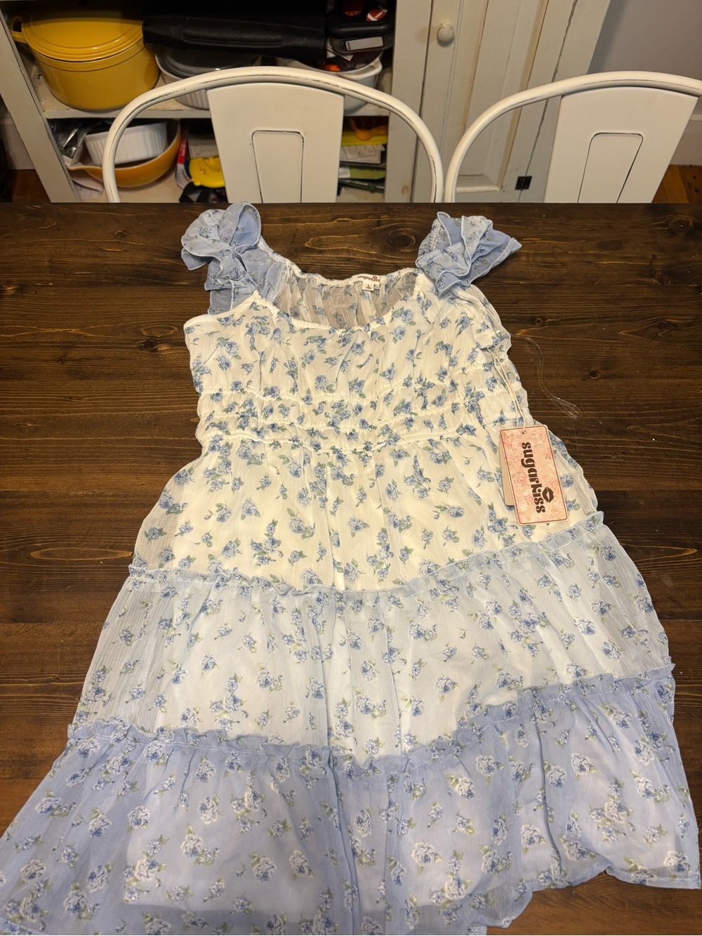 Sugar Light Blue and White Floral Tiered Girls Dress